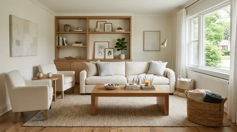 Cozy living room with a cream sofa, wooden coffee table, neutral decor, and natural light