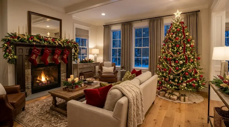 Elegant Christmas house decorations featuring a decorated Christmas tree, fireplace mantel, stockings, garland, and cozy living room
