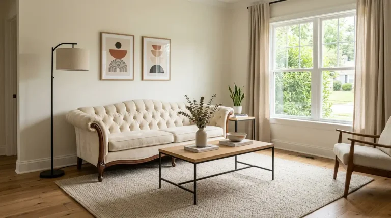 Elegant living room featuring vintage and modern decor with a cream sofa, wooden coffee table, framed wall art, and natural accents
